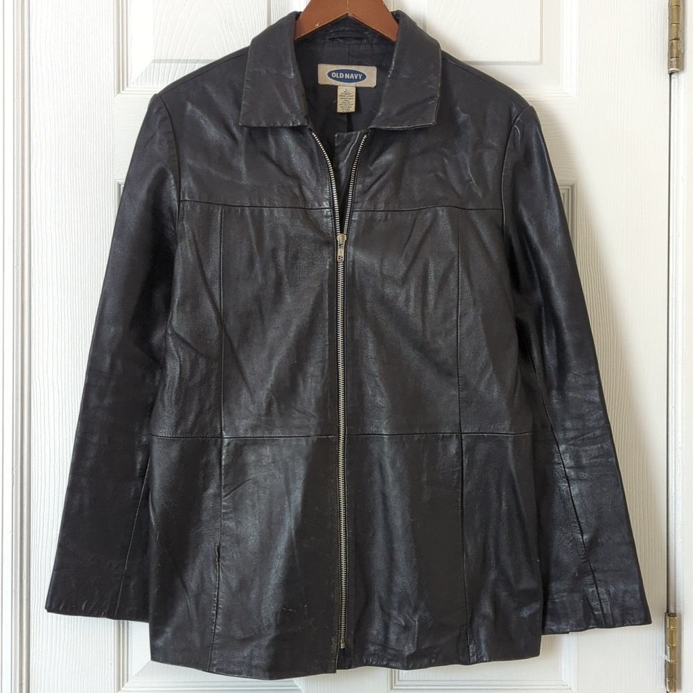 Old Navy Y2K Vintage Classic Distressed Genuine Leather Jacket Black Large